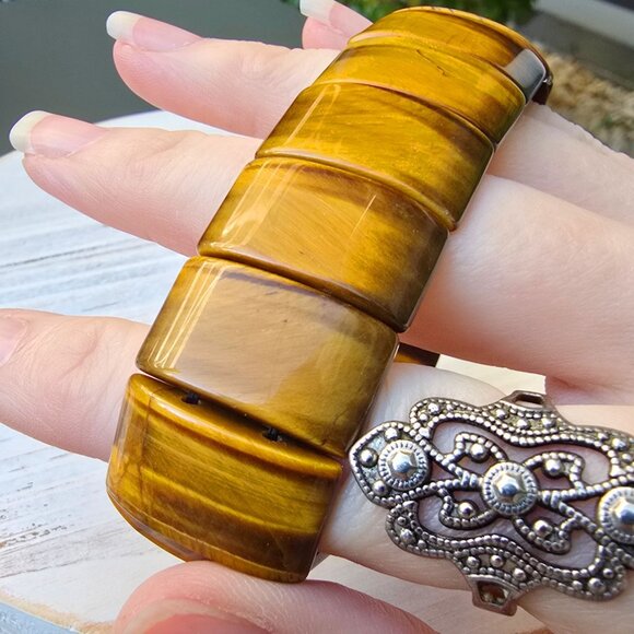 South African ✦ Yellow Tiger’s Eye Bracelet ✦ 437ct Stretch Gemstone Polished - Picture 4 of 9